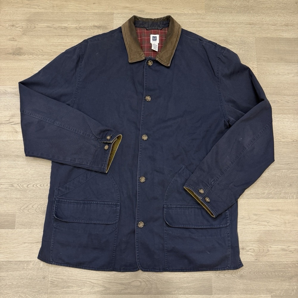 Vintage 90s GAP Chore Jacket Mens XL Navy Leather Collar Flannel Lined